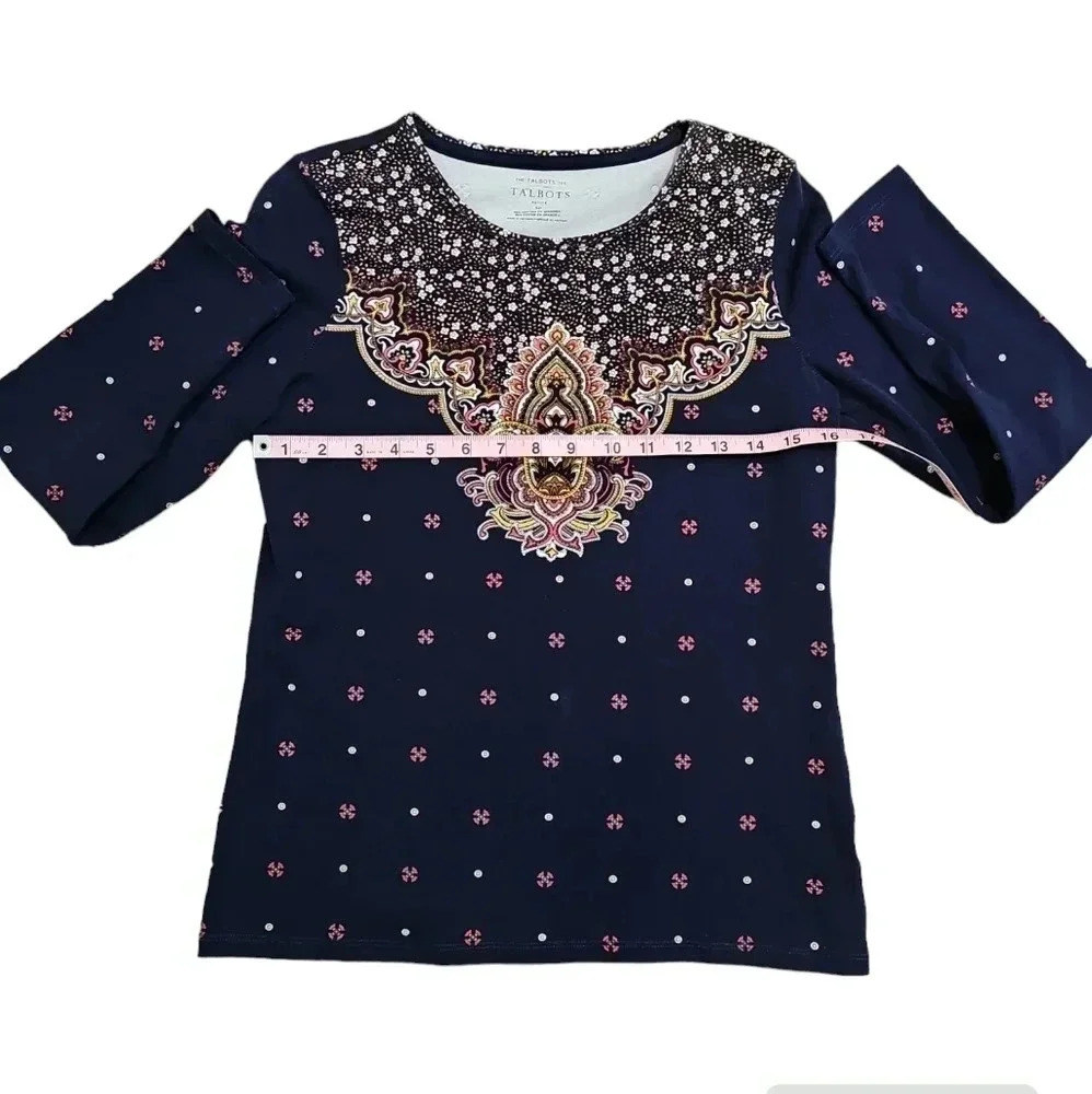 Talbots Petite Small Moroccan Paisley Print Long Sleeve Top Blue Gold Cotton - Picture 5 of 6